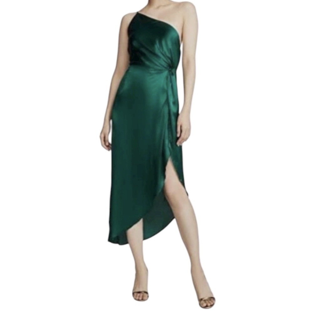 New O.P.T. One Shoulder Dress Women's Small Green Satin Ivy Midi Dress High Slit